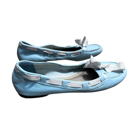 Talbots Light Blue Leather Bow Loafers With White Ribbon Trim Size 8 Womens - Picture 1 of 11